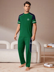 Summer Active Wear Tracksuit For Men-Green with Navy Panels-RT2437