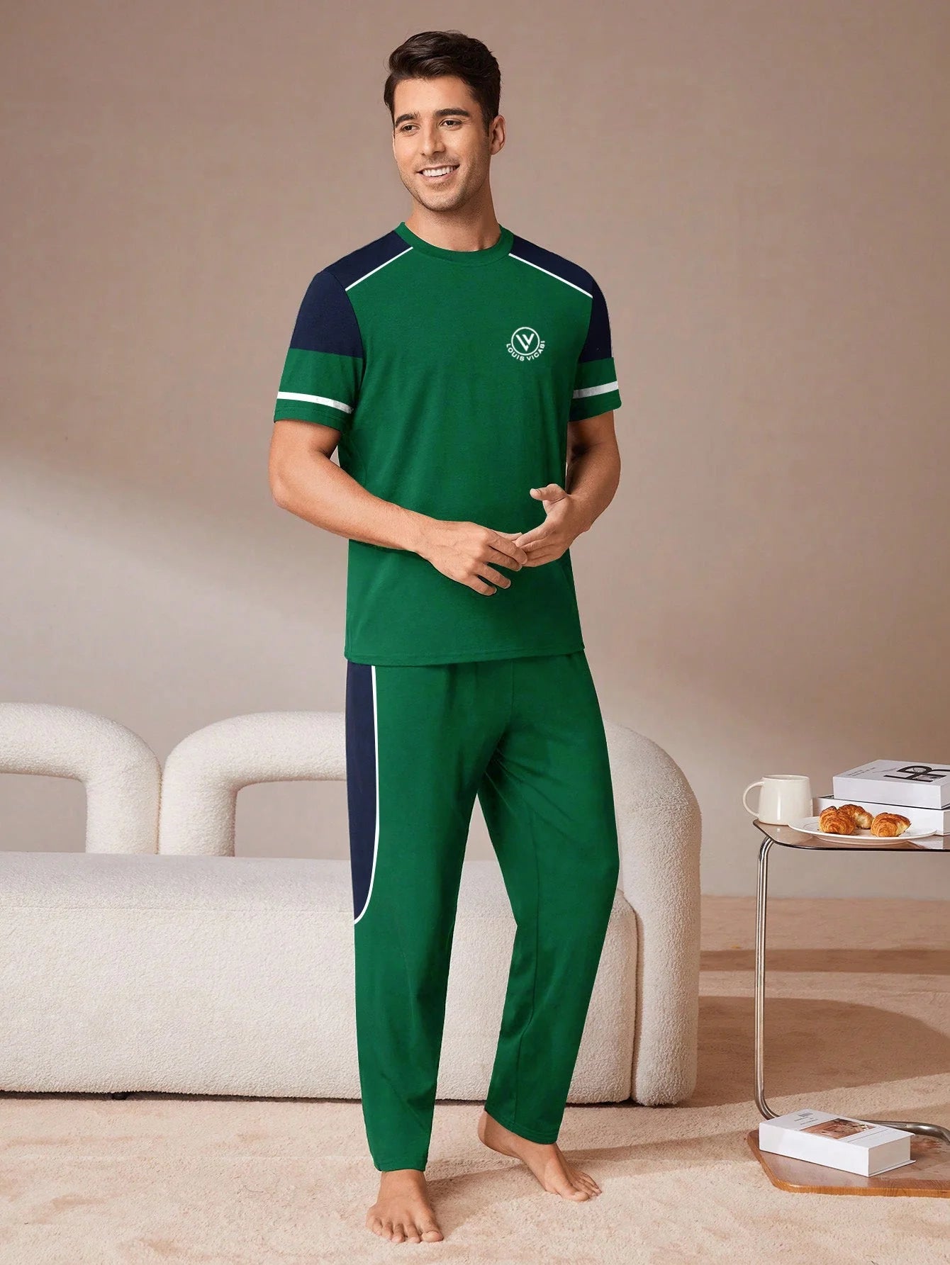 Summer Active Wear Tracksuit For Men-Green with Navy Panels-RT2437