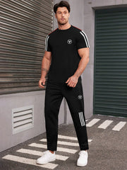 Summer Active Wear Tracksuit For Men-Black with white & Red Stripes-RT2492