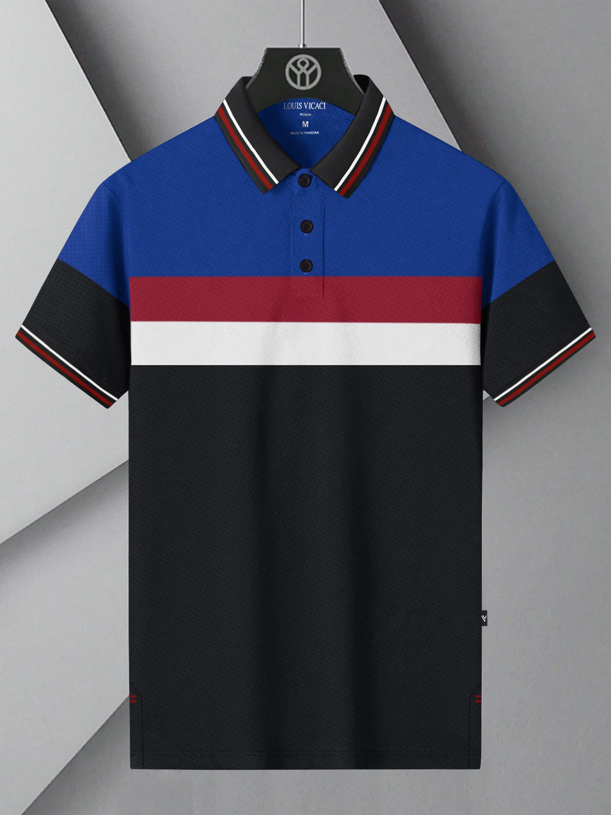 LV Summer Active Wear Polo Shirt For Men-Black with Red & Blue Panels-BE1344/BR13586