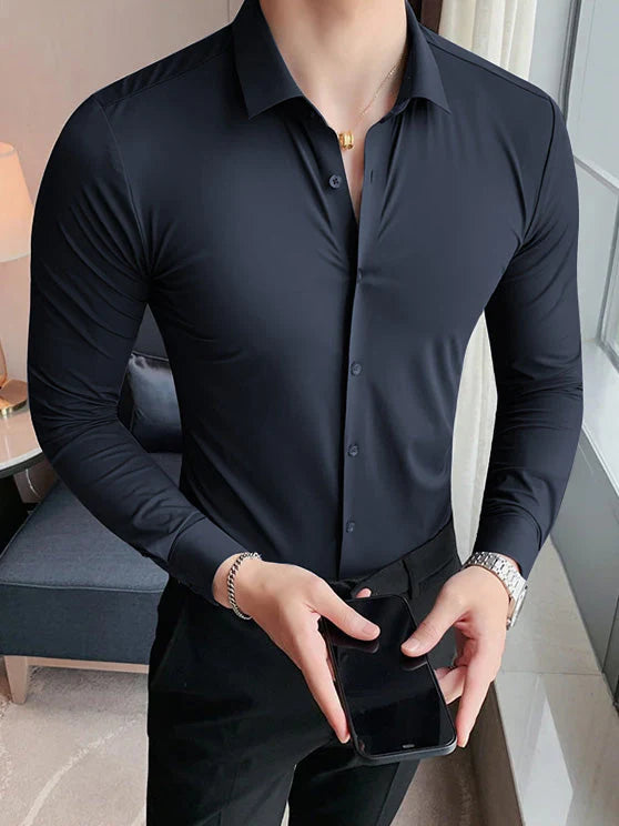 Louis Vicaci Super Stretchy Slim Fit Long Sleeve Summer Formal Casual Shirt For Men-Dark Navy-BR13359