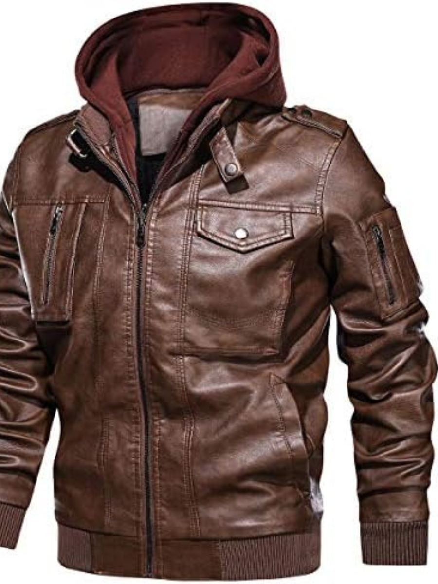 Brown Leather Hooded Bomber Jacket