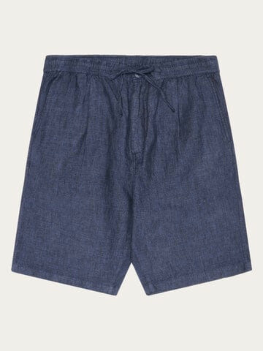 Navy Blue Men’s Pleated Linen Drawstring Shorts