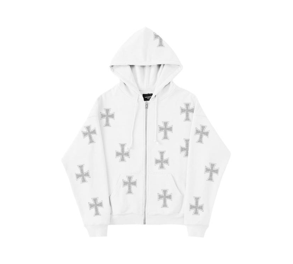 white and grey cross pattern zip-up hoodie